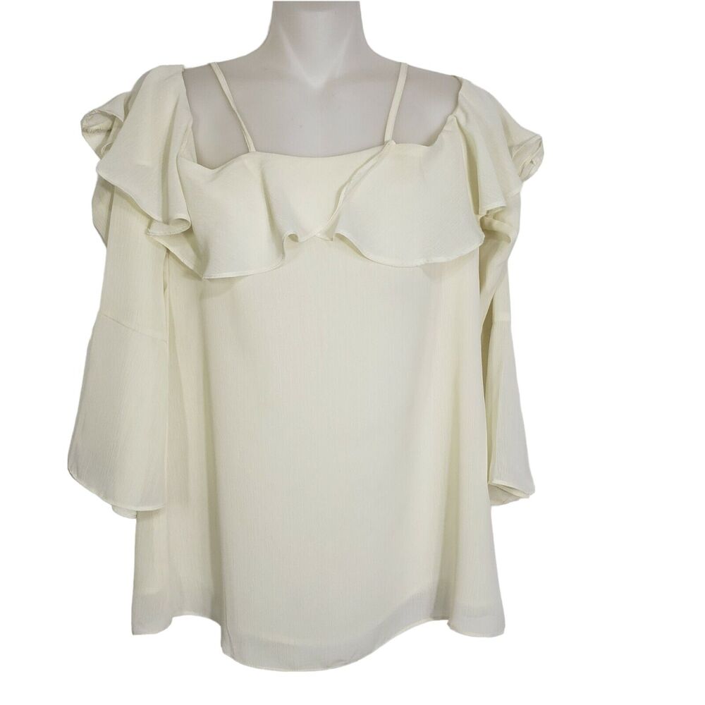 Plush Boutique Top Blouse Women Small Ivory Off Shoulder Long Bell Sleeve Ruffle